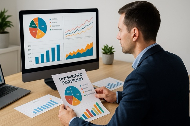 Investor reviewing diversified portfolio charts showing varied asset classes and returns.