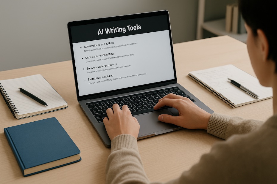 A student using AI writing tools on a laptop at a modern desk with organized notebooks and study materials.